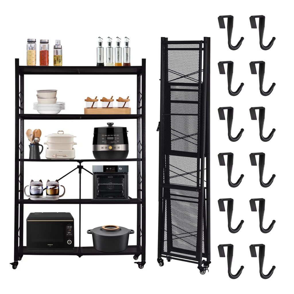Grezone Two Set 5 Tier Foldable Shelves Metal Storage Shelves with Wheels - No Assembly Adult Group