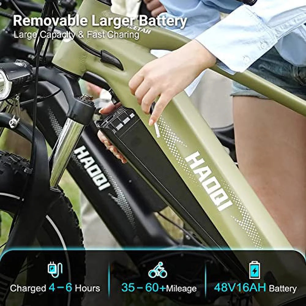 HAOQI Army Green Cheetah Electric Bike for Adults, 48V 25Ah Removable Dual Batteries Ebike, 750W Brushless Motor up to 28MPH, Shimano 7-Speed, 26" x 4.0 Fat Tire Full Suspension Mountain Bike