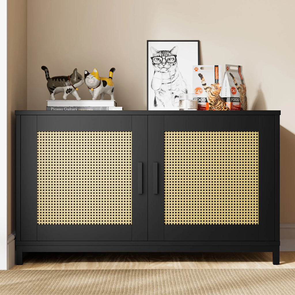Cozy Castle Hidden Cat Litter Box Enclosure, Rattan Cat Litter Box Furniture with Doors, Indoor Cat House for Large Cats, Wood Pet Washroom, Pet Cabinet Furniture as TV Stand, Storage Cabinet, Black