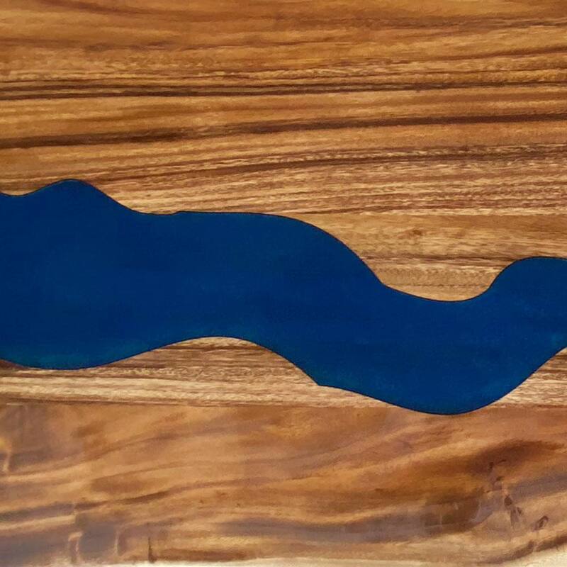 6 ft. L x 25 in. D UV Finished Saman Solid Wood Butcher Block Countertop With Live Edge and Blue Epoxy River