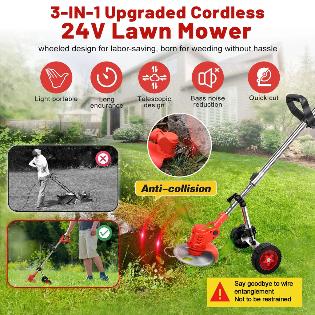 Cordless Weed Eaters Electric Grass Trimmer &amp; Edger, Tanbaby 6 inch 3-in-1 Weed Wacker Kit with Upgraded Wheels