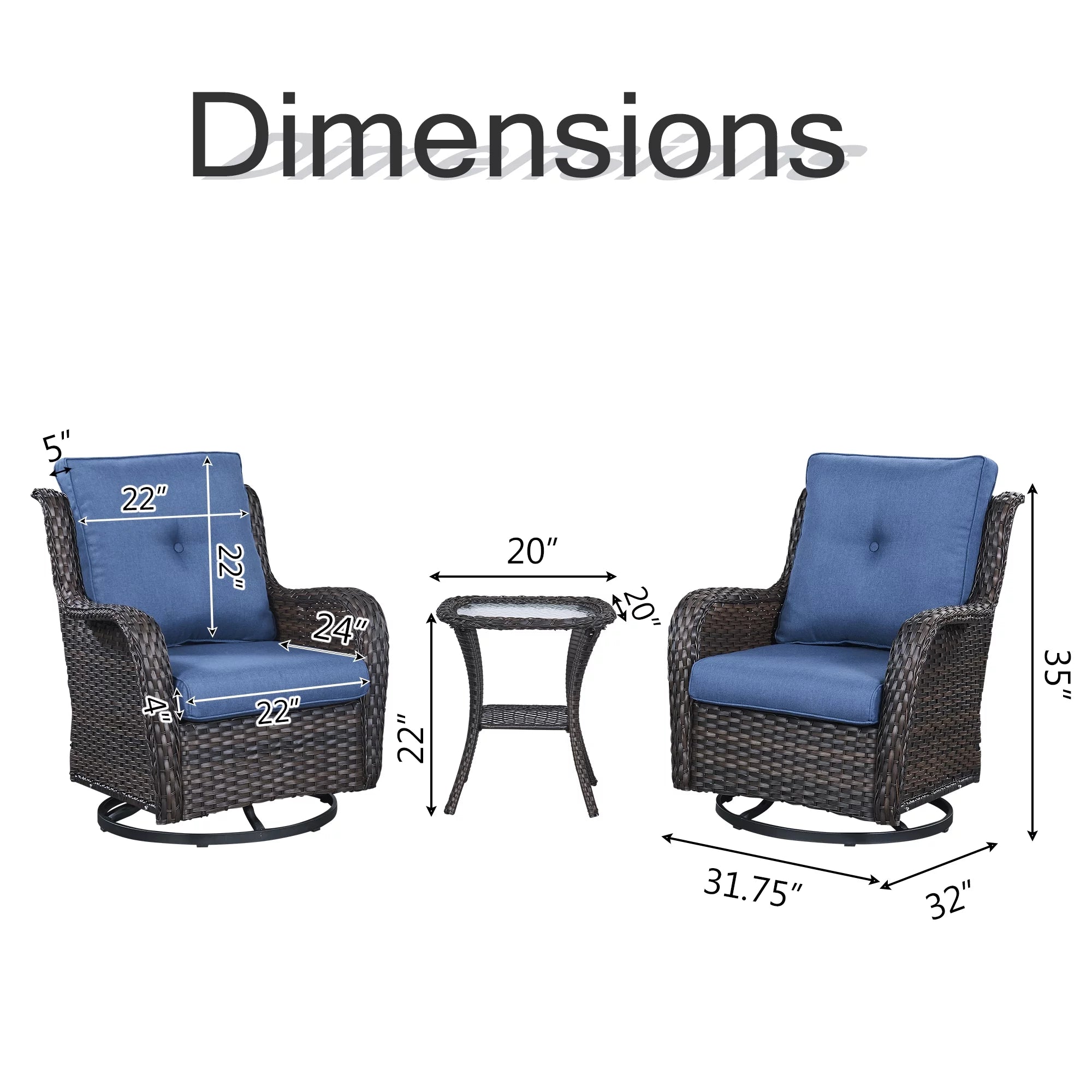 PARKWELL 3-Piece Outdoor Swivel Gliders with Side Table - Patio Wicker Bistro Furniture Set for Porch Deck Backyard - Blue Cushioned Swivel Rocking Chairs in Brown Wicker