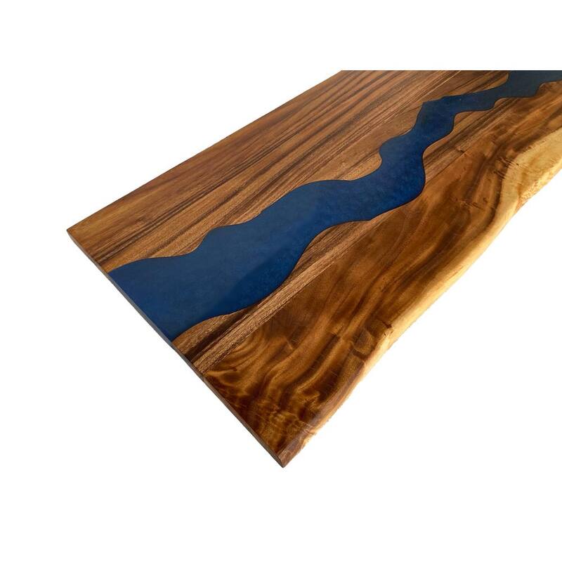 6 ft. L x 25 in. D UV Finished Saman Solid Wood Butcher Block Countertop With Live Edge and Blue Epoxy River