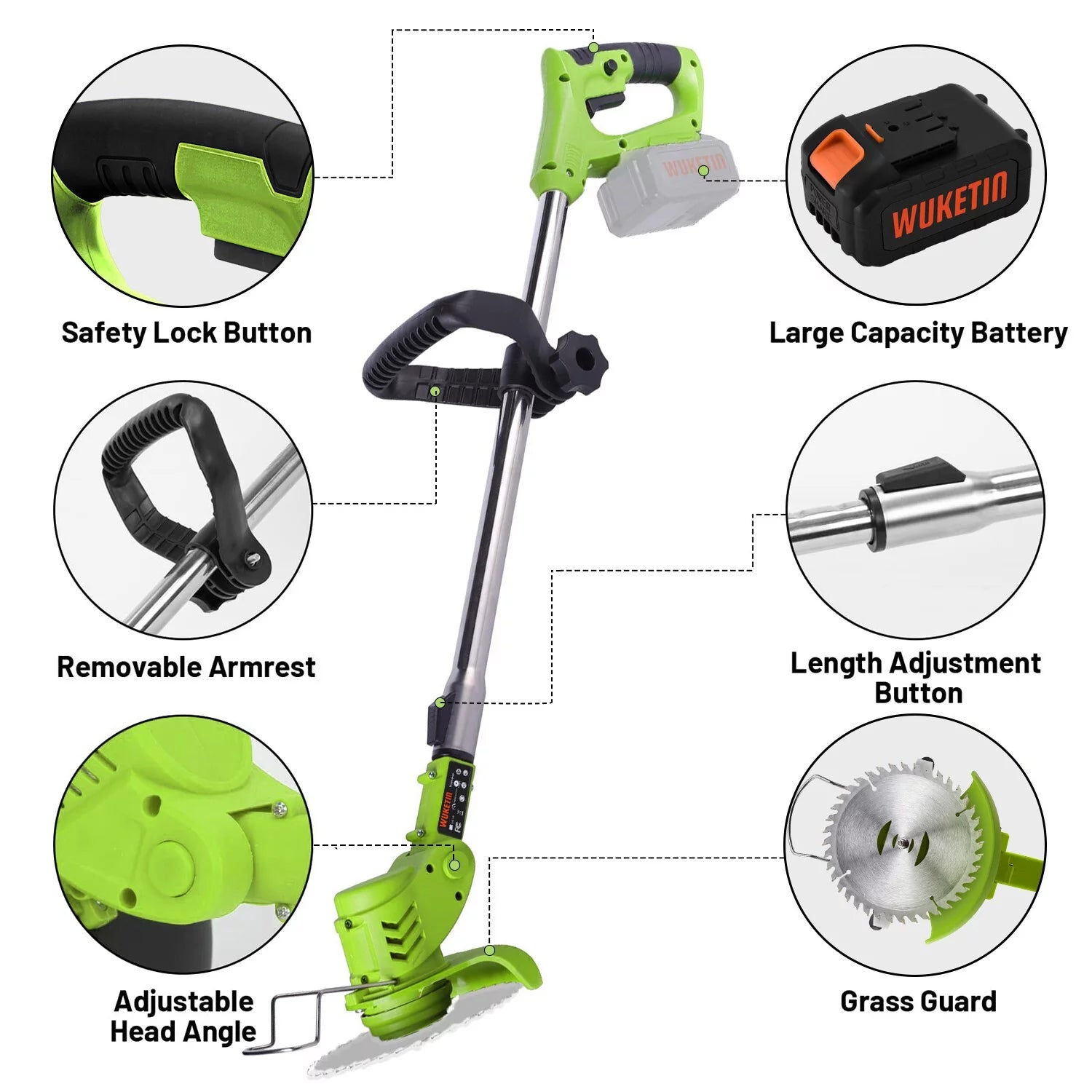 WUKETIN Cordless Grass String Trimmer, Lightweight Weed Eater, 21V Electric Lawn Edger with 2 Battery, Wheel, 11 Blades