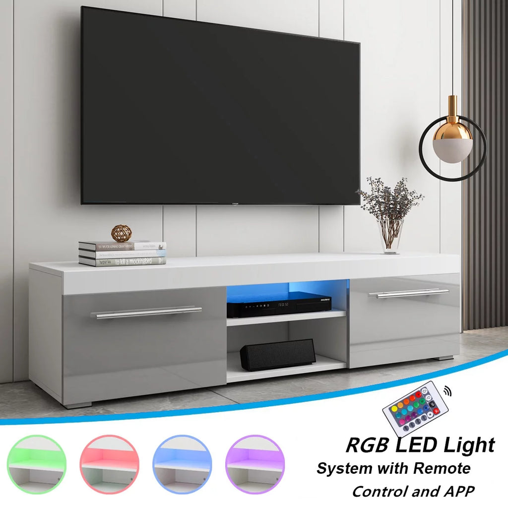 Hommpa Gray White High Gloss TV Stand for TVs up to 59 LED Entertainment Center Modern TV Cabinet with 2 Storage Drawers