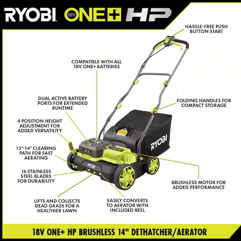 ONE+ HP 18V Brushless 14 in. Cordless Battery Dethatcher/Aerator with (2) 4.0 Ah Batteries and Charger