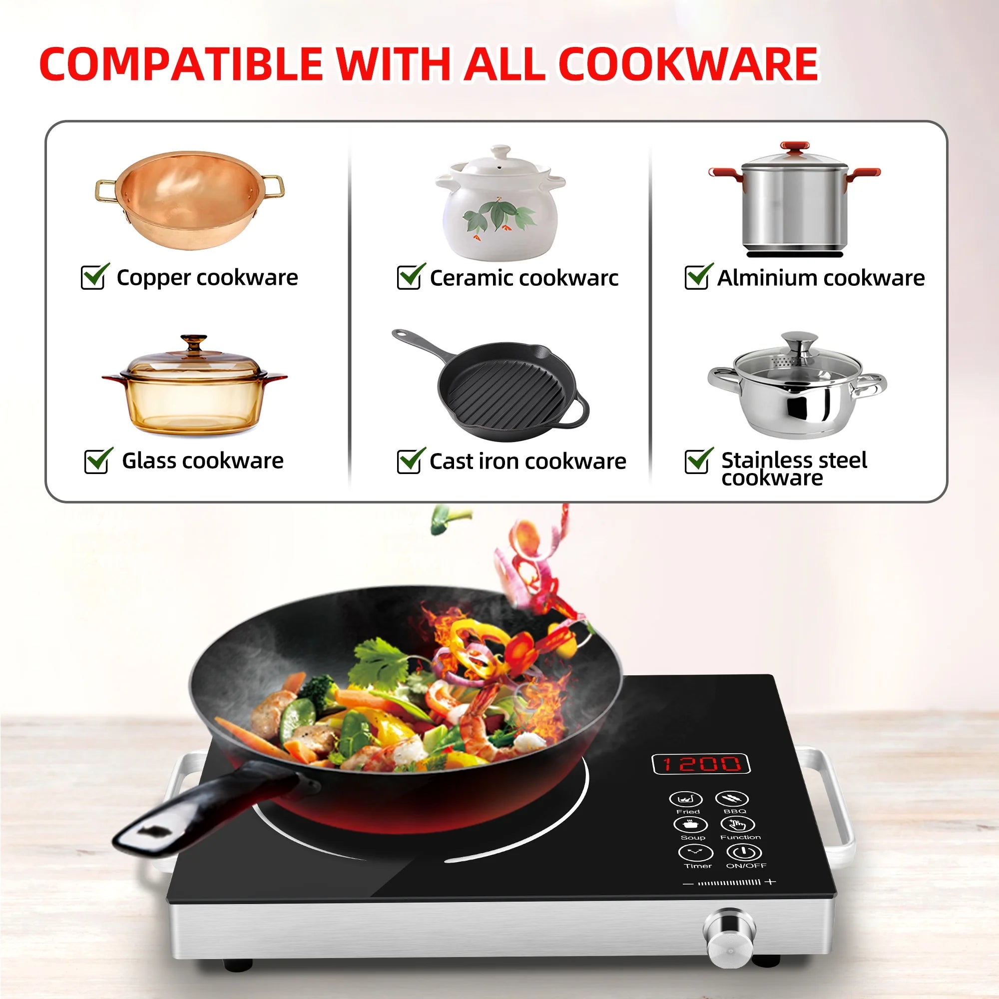 Electric Infrared Induction Cooktop Stove,Power range from 100W to 3500W,Compatible with All Cookware,Heat-Up In 5S with Cooking Timer,LED Screen,One-piece Panel for Easy Cleaning