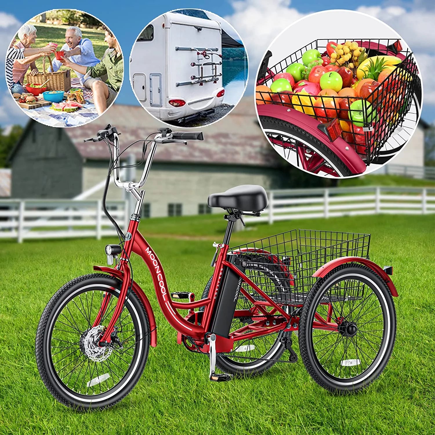 Mooncool 24" 26" 3 Wheel Electric Tricycle for Adults, 350W 36V 7 Speeds Motorized Electric Trike Three Wheel Electric Bikes Bicycle with Large Basket & Accessories for Women Men