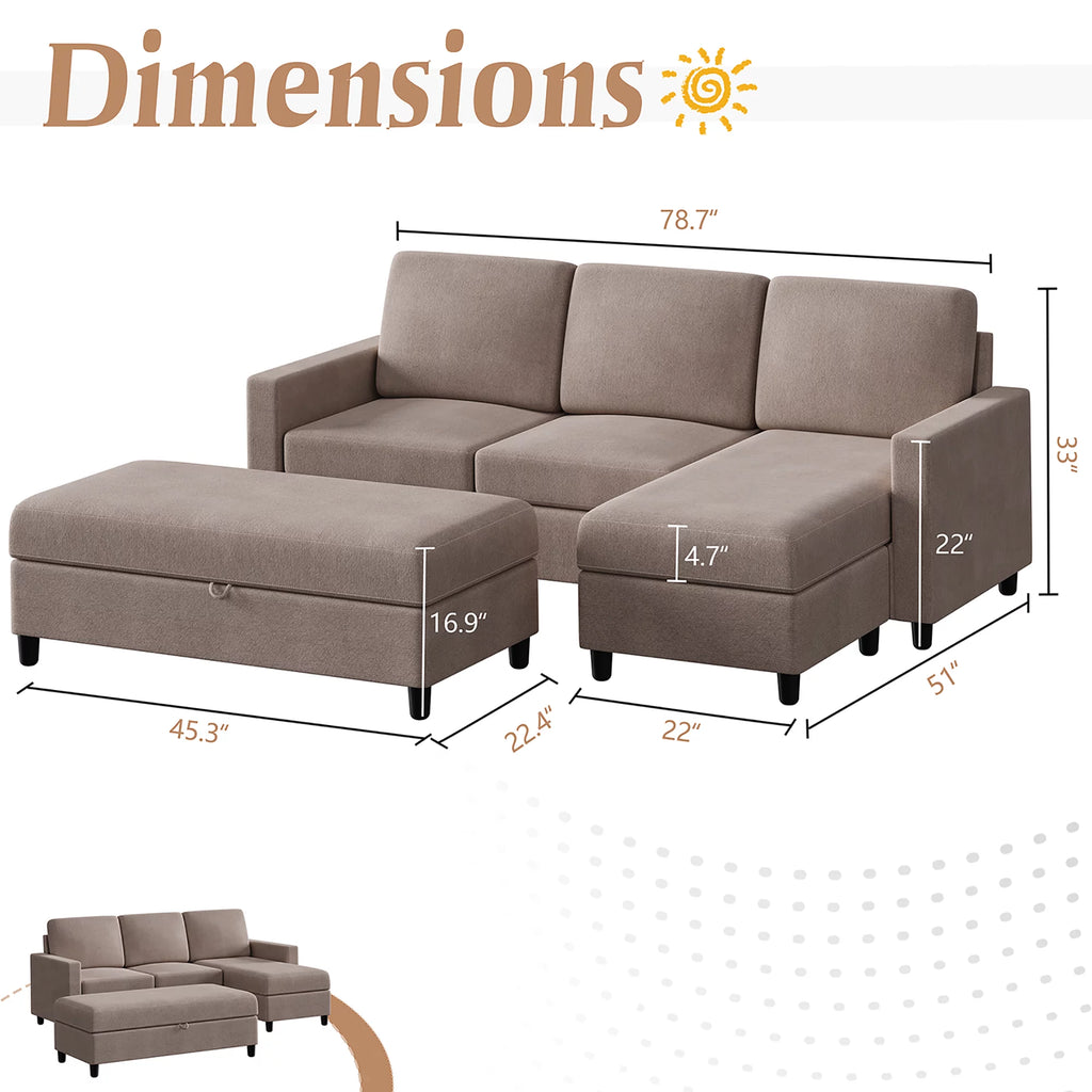 Walsunny Linen Fabric Convertible L-Shaped Sectional Sofa(Dark Gray)