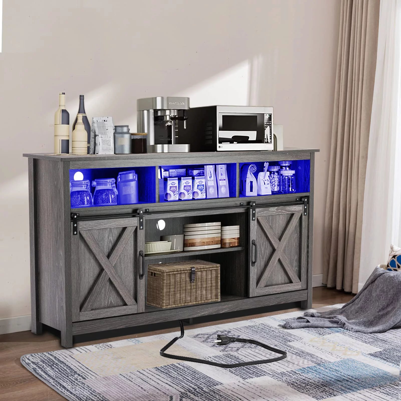 4 Layer Farmhouse Coffee Bar Cabinet With Power Outlet & LED Light, 57" Barn Door Buffet Cabinet Kitchen Storage With Adjustable Shelves(Brown)