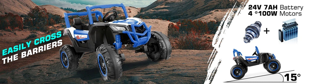 Funcid 4WD 24V Ride on Toys 2 XL Seater Kids Ride on Cars w/ Remote Control, 4*200W Motor, Electric Off-Road UTV 7AH Battery Powered 4-Wheeler Vehicle w/ Bluetooth, Music, 3-Speed, LED Light, Blue