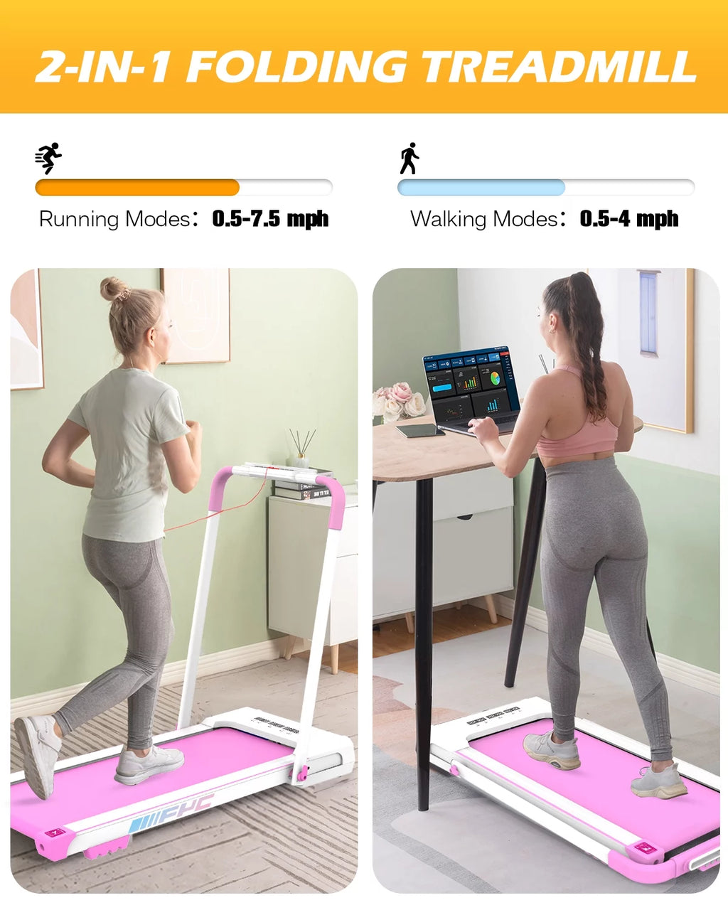 FYC 3.5HP Under Desk Treadmill - 300LBS Weight Capacity, 2-in-1 Foldable Design, Remote Control & LED Display - Compact Electric Walking and Running Machine for Walking, Running, Jogging (White)