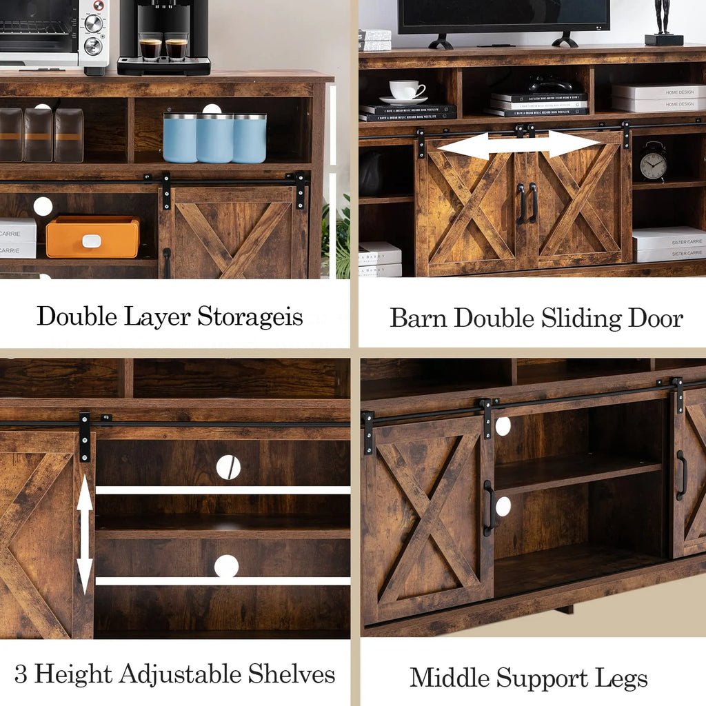4 Layer Farmhouse Coffee Bar Cabinet With Power Outlet & LED Light, 57" Barn Door Buffet Cabinet Kitchen Storage With Adjustable Shelves(Brown)