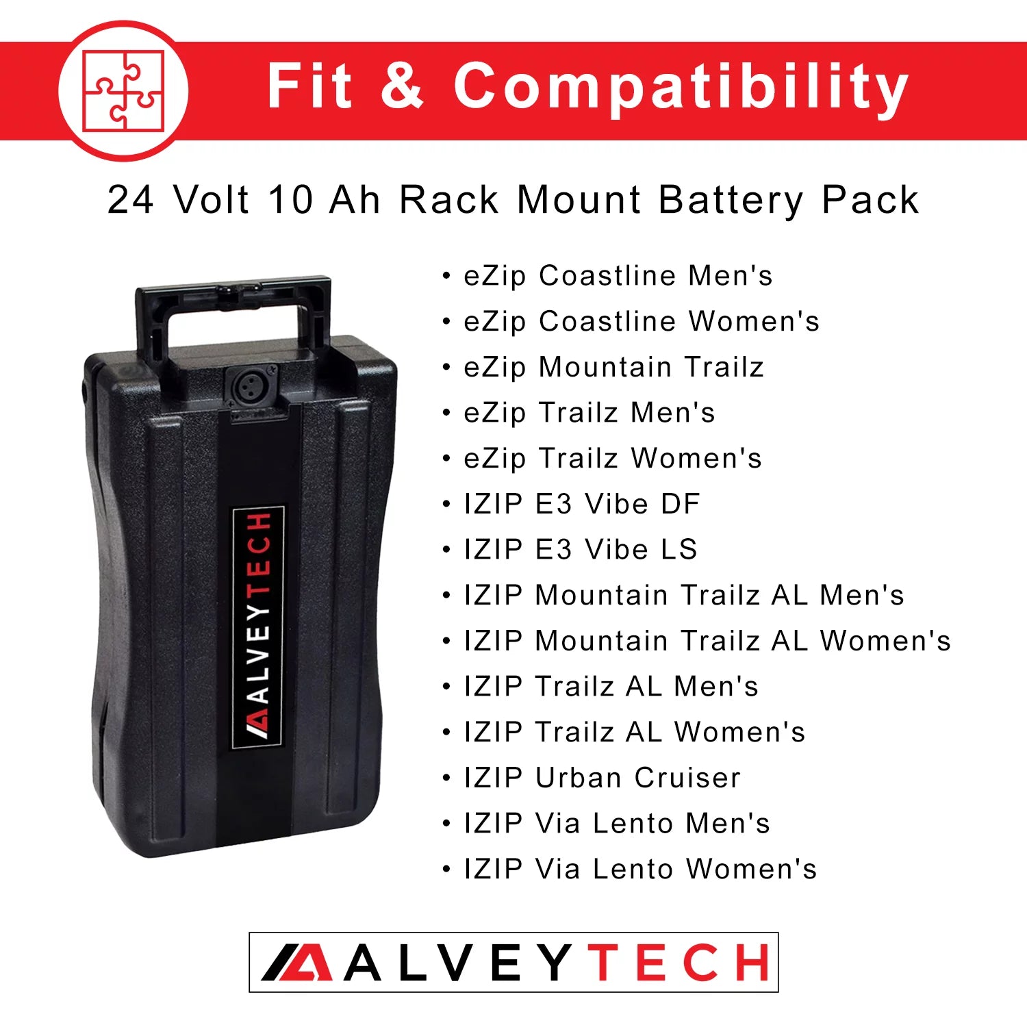 AlveyTech 24 Volt 10 Ah Rack Mount Battery Pack for Currie eZip and IZIP Electric Power Bike eBike