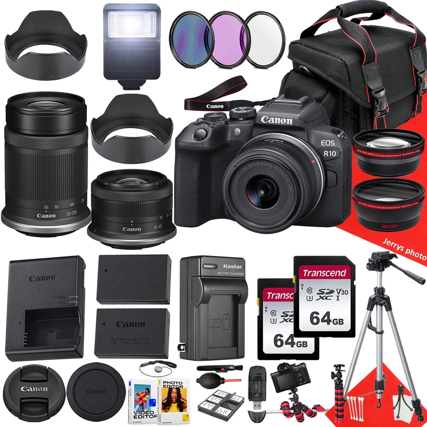 Canon EOS R10 Mirrorless Camera With RF-S 18-45mm f/4.5-6.3 IS STM And Canon RF-S 55-210mm f/5-7.1 IS STM Lens + 128 GB Memory + Extra Battery + Filters + More (33pc Bundle)