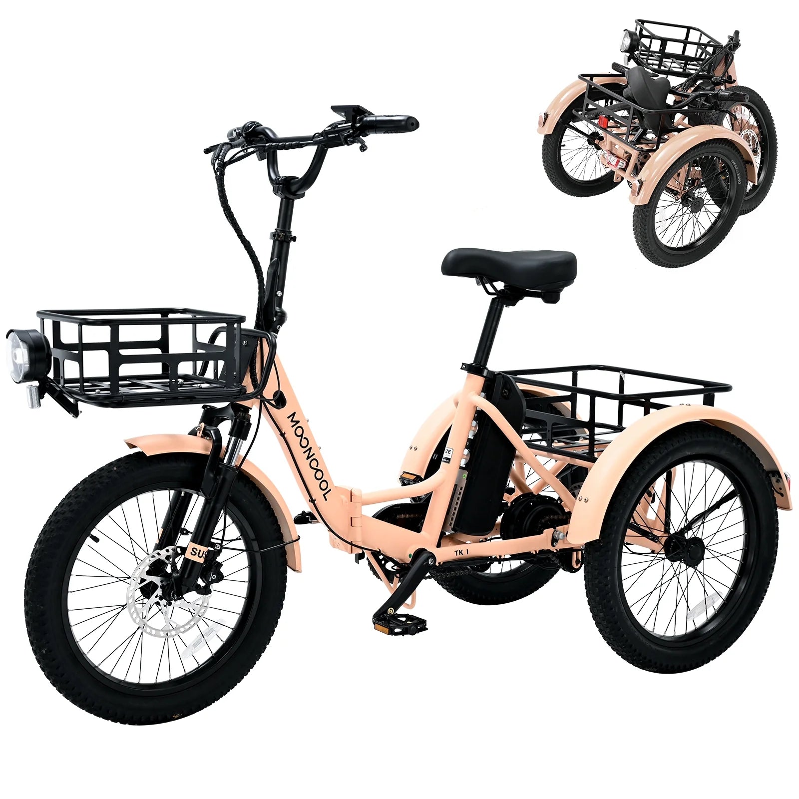 MOONCOOL 24"/26" Electric Tricycle for Adults, 350W 36V 7 Speeds Electric Trike Motorized Three Wheel Electric Bikes Bicycle with Large Basket for Women Men
