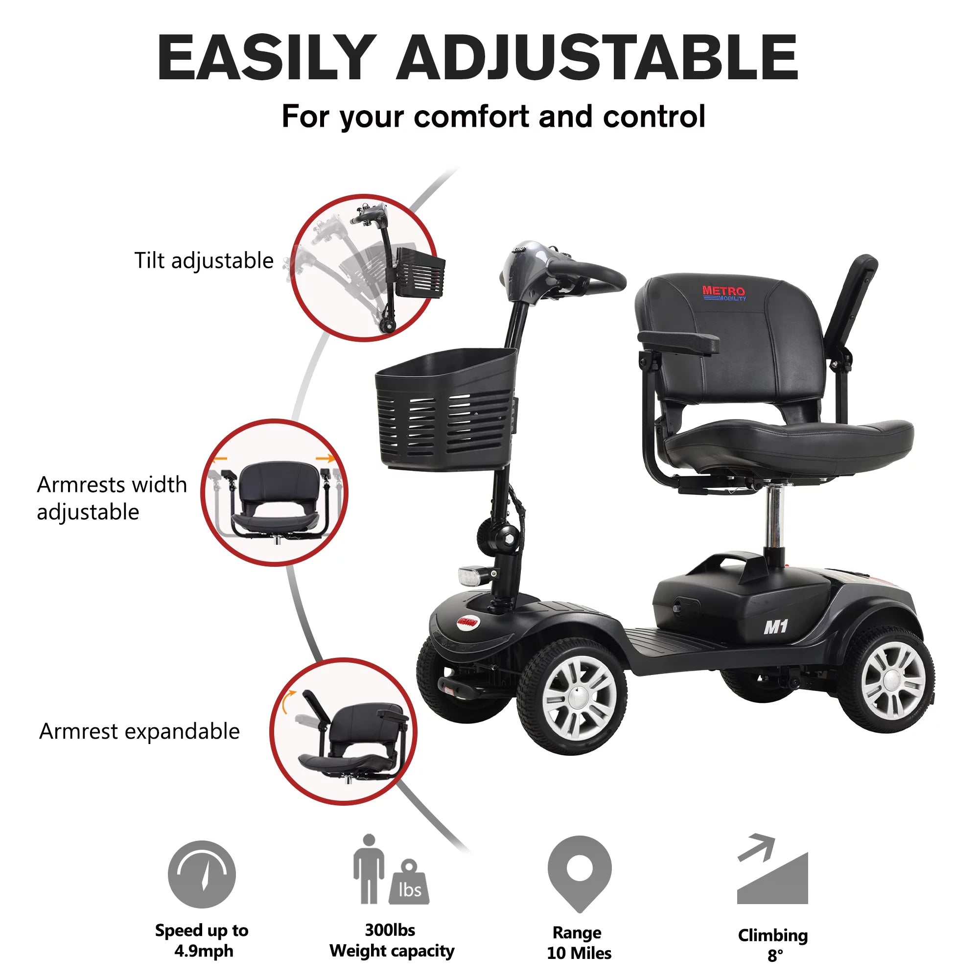 Long Range Foldable 4 Wheels Mobility Scooter with Basket & Headlight, Powered Mobility Scooters for Seniors and Adults, Metallic Gray