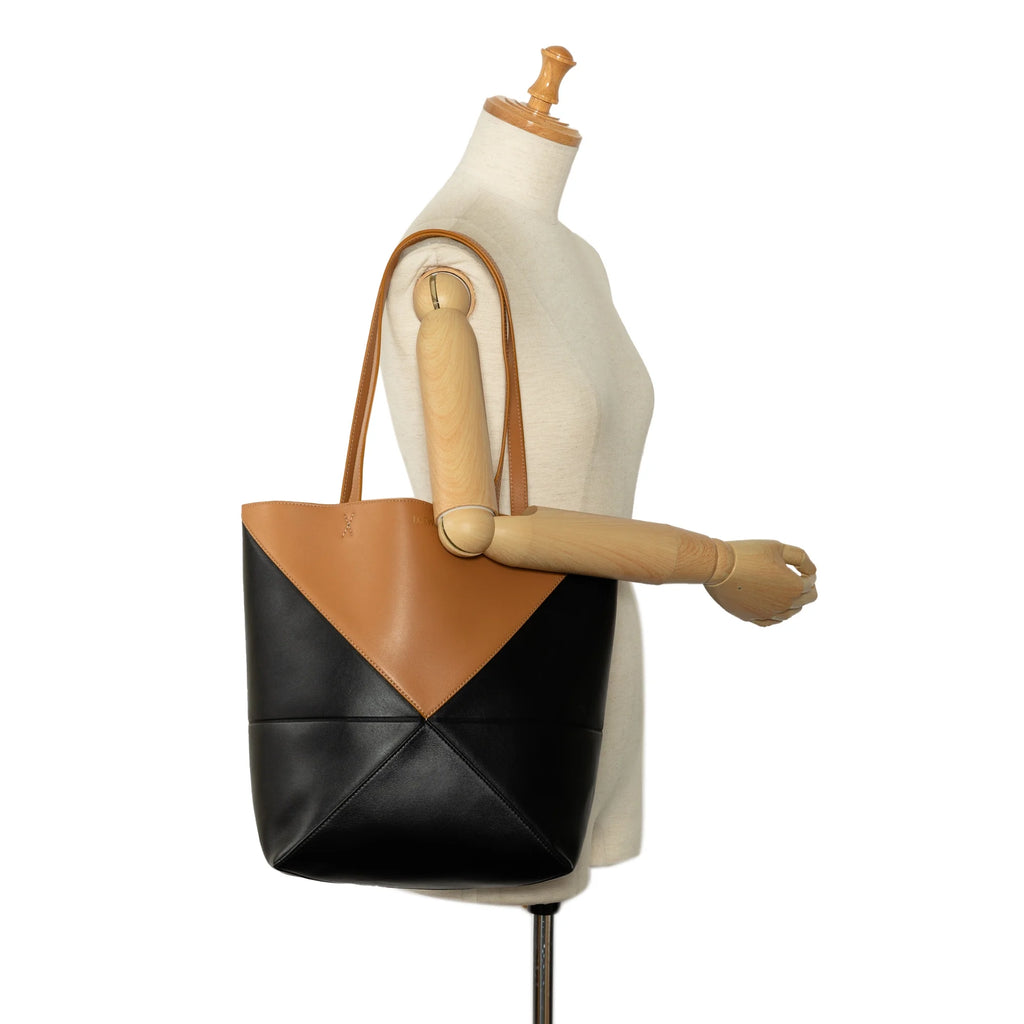 Pre-Owned Authenticated LOEWE Medium Puzzle Fold Tote Calf Leather Black Tote Bag Unisex (Good)