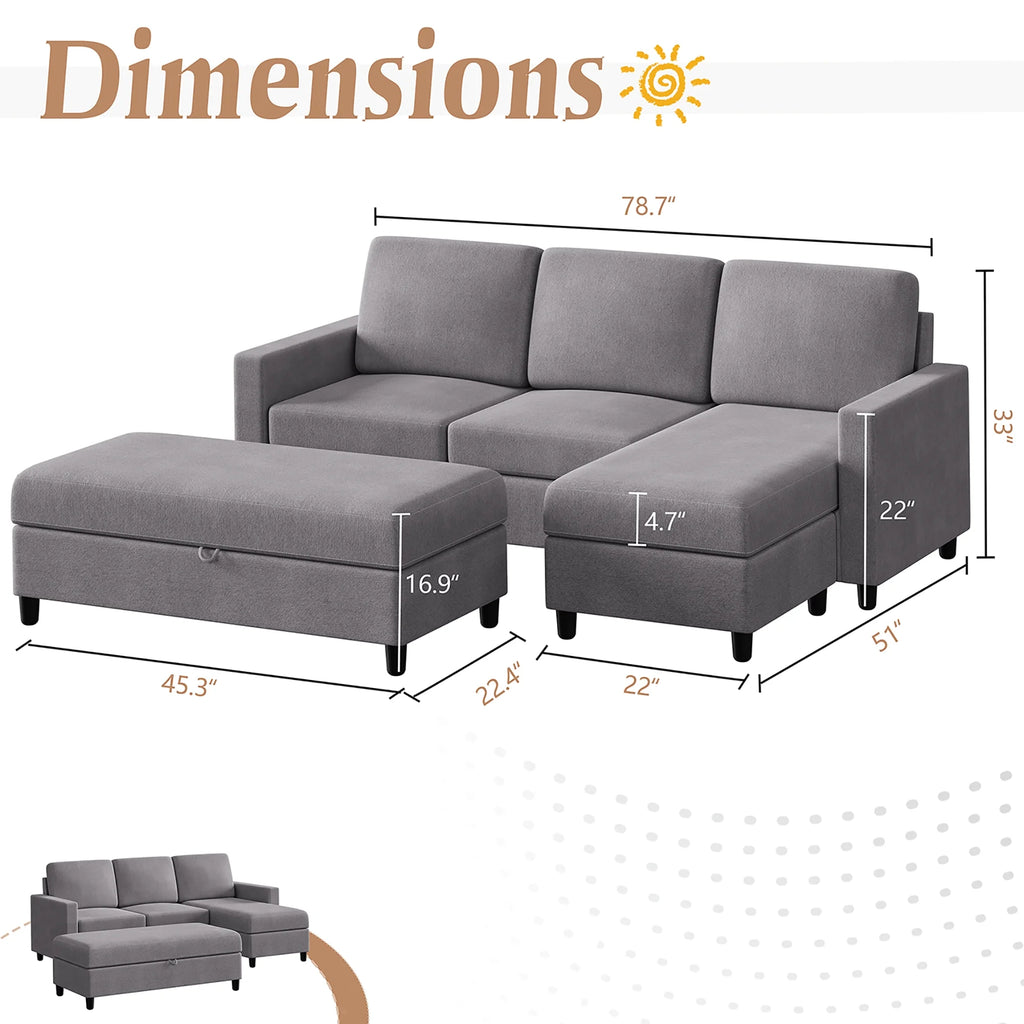 Walsunny Linen Fabric Convertible L-Shaped Sectional Sofa(Dark Gray)