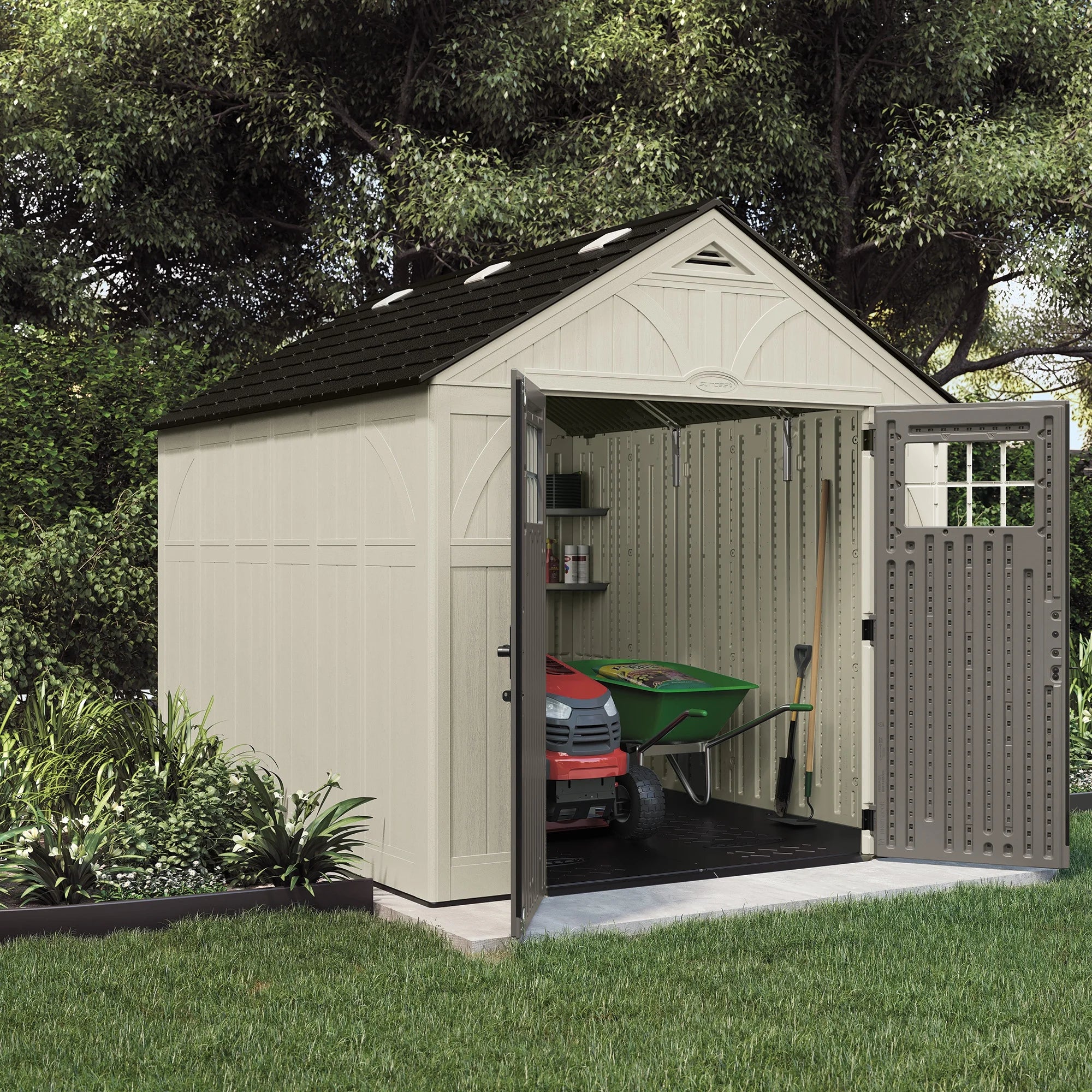 Suncast Metal and Resin Storage Shed, Vanilla, 122.25 in D x 103 in H x 100.5 in W