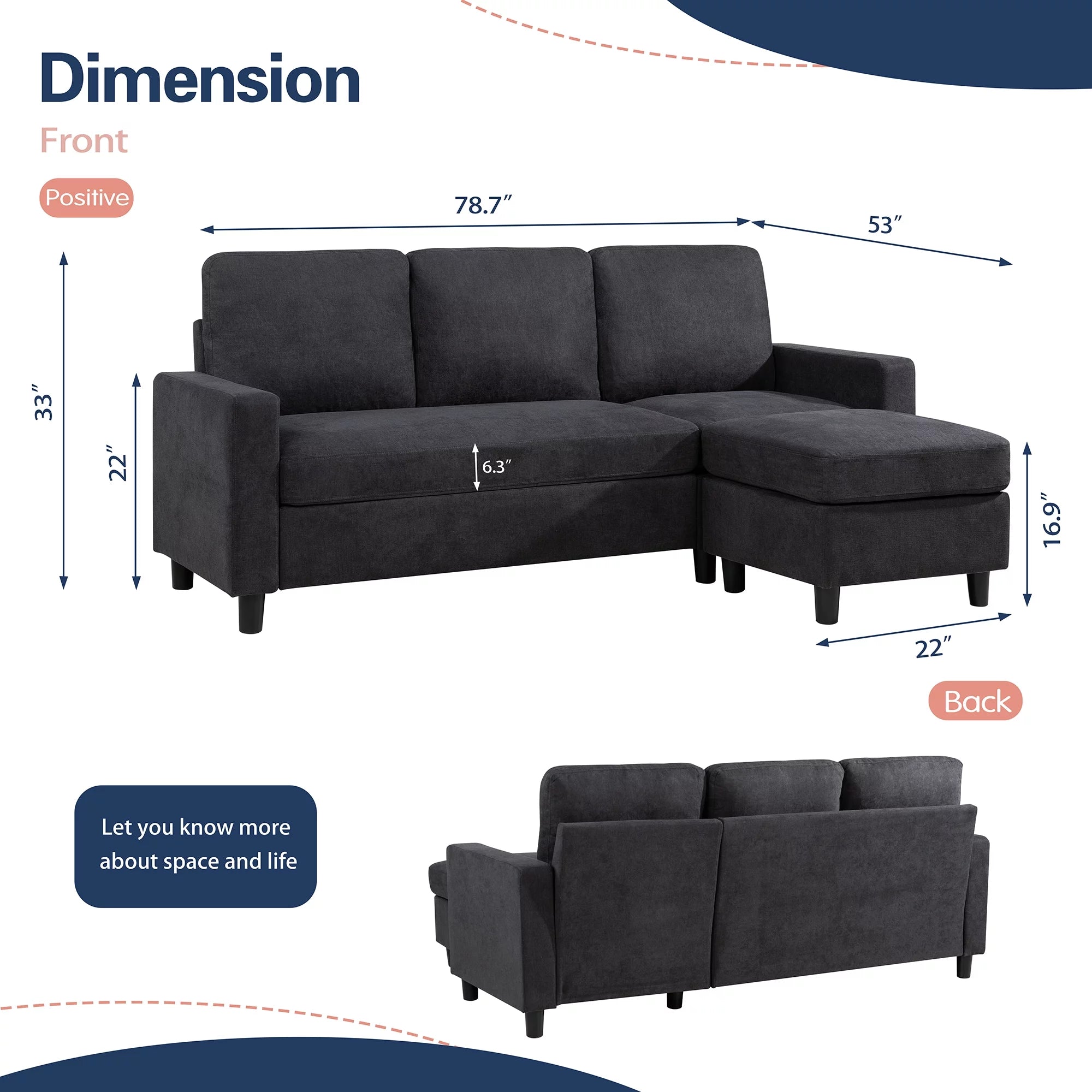 Walsunny Linen Fabric Convertible L-Shaped Sectional Sofa(Dark Gray)