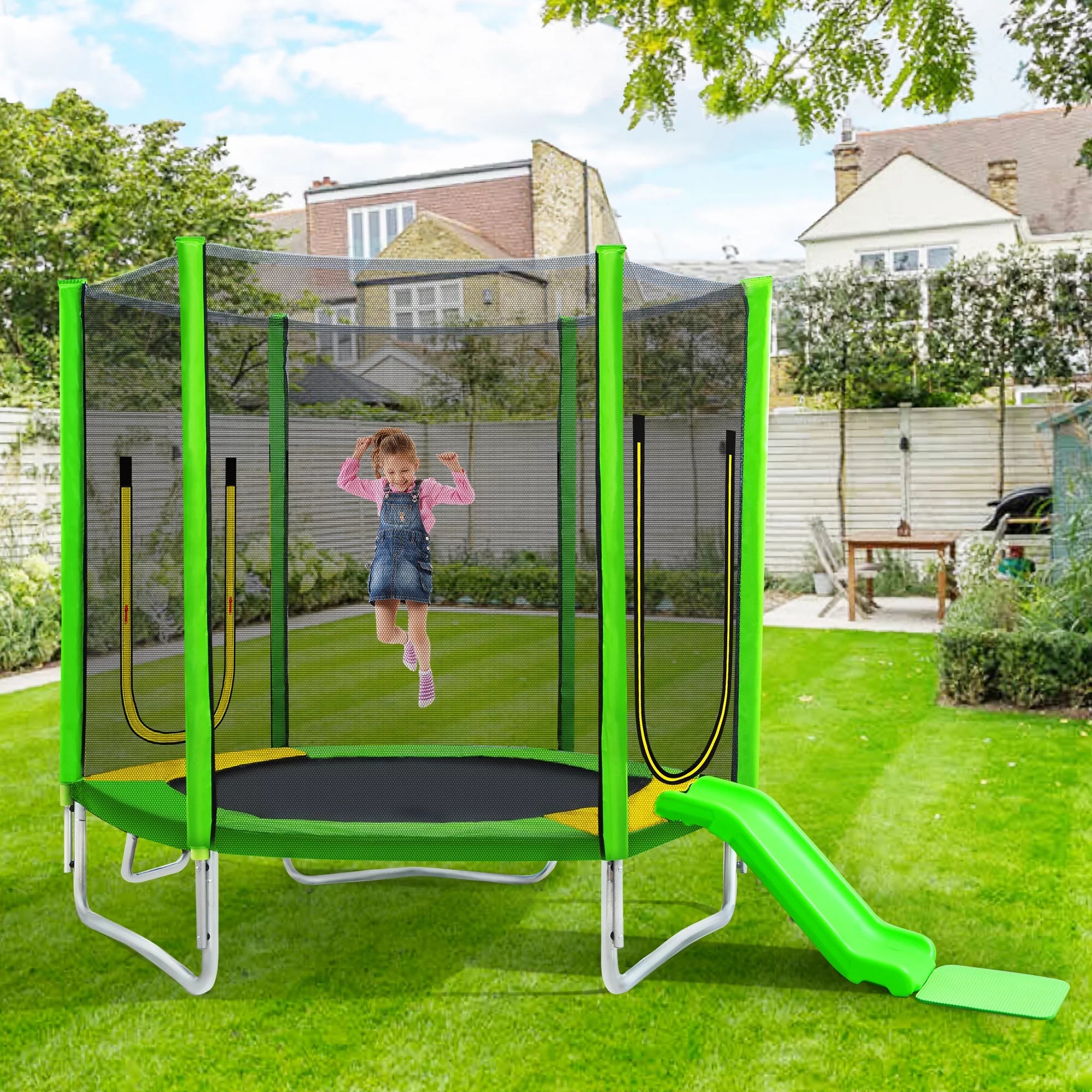 EUROCO 800LBS 7FT Kids Trampoline with Safety Enclosure Net, Indoor Outdoor Trampoline with Slide,Ladder,Spring Pad,All-Weather Trampolines (Age3-12) for 3-4 Kids, Easy Assembly Round Trampoline,Blue