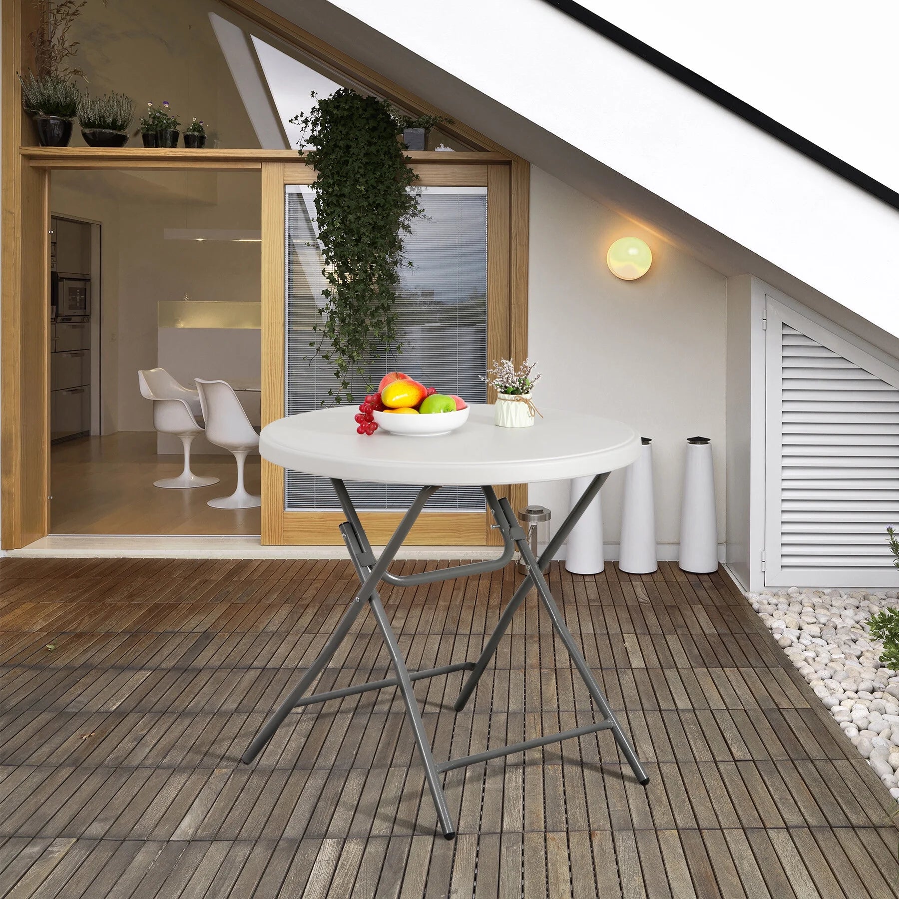 HomGarden 48" Round Bi-Folding Picnic Table 4FT Portable Plastic Dining Card Table Indoor & Outdoor White