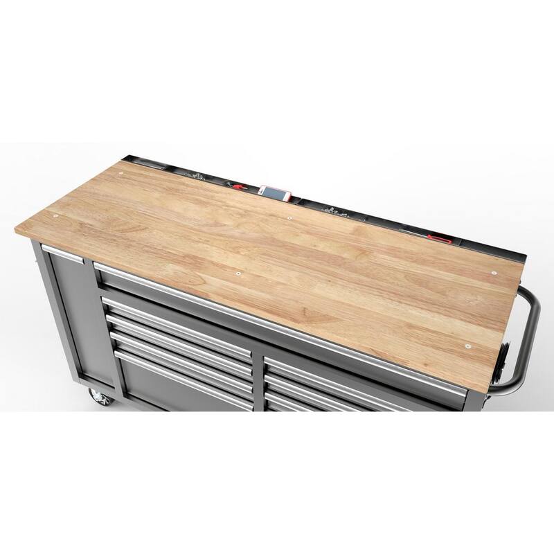 61 in. W x 24 in. D Standard Duty 10-Drawer Mobile Workbench Tool Chest with Sliding Bin Storage Drawer in Silver