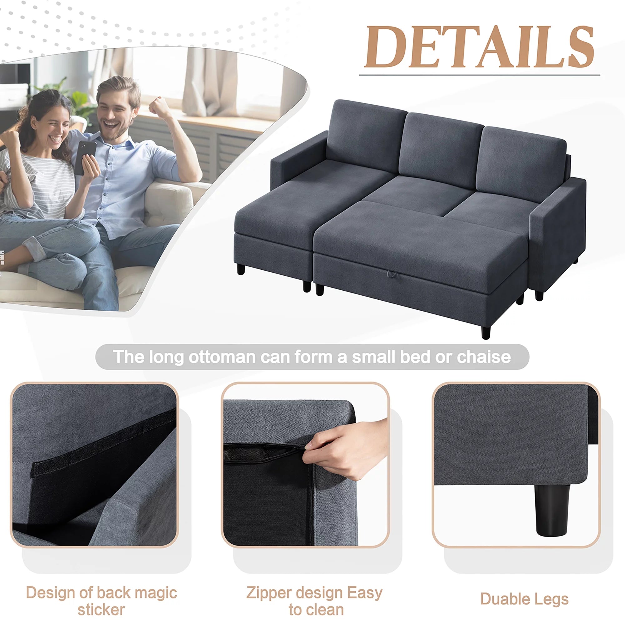 Walsunny Linen Fabric Convertible L-Shaped Sectional Sofa(Dark Gray)