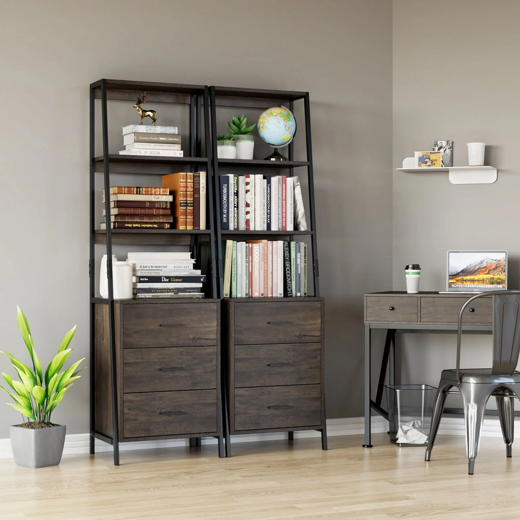 Homfa 3 Drawers Ladder Bookshelf, 3 Tier Open Storage Shelves for Office Living Room, Rustic Brown