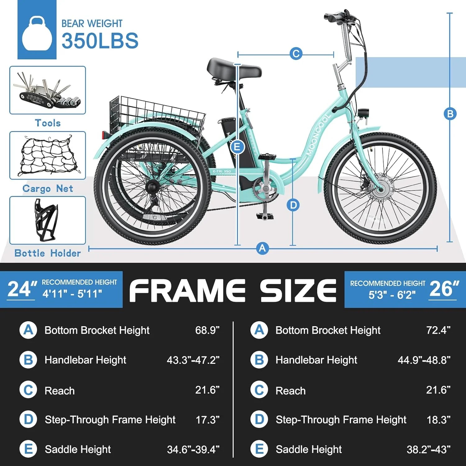 Mooncool 24" 26" 3 Wheel Electric Tricycle for Adults, 350W 36V 7 Speeds Motorized Electric Trike Three Wheel Electric Bikes Bicycle with Large Basket & Accessories for Women Men
