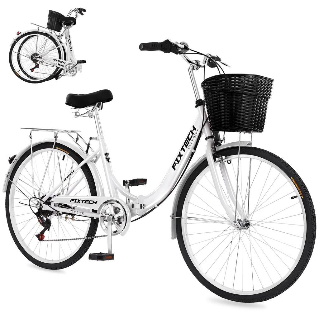 FIXTECH 26 Inch 7 Speed Foldable City Bike, Cruiser Bike, Carbon Steel Bicycle for Adults, White