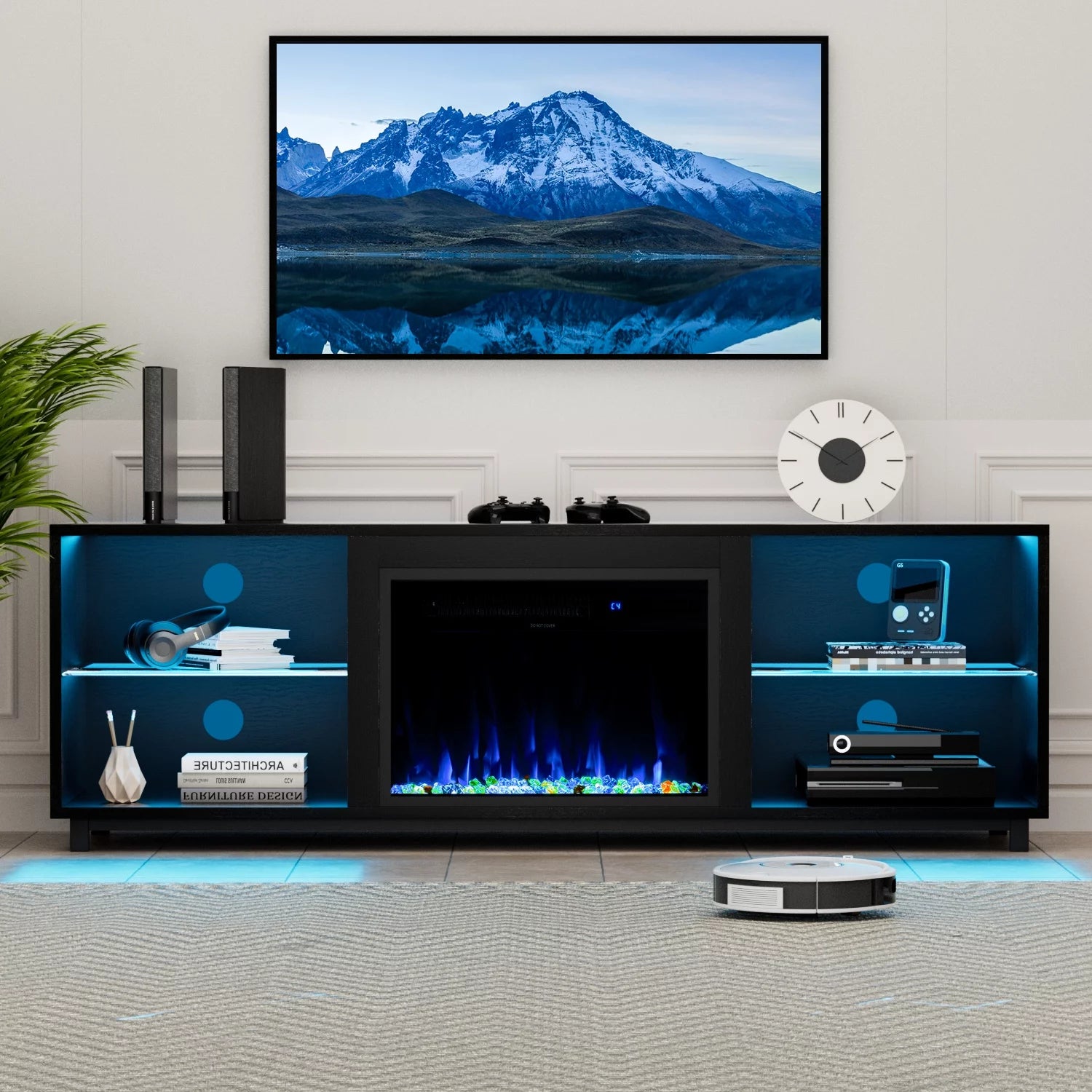 Oneinmil 68'' Fireplace TV Stand for 75'' TV, with 23" Electric Fireplace, LED Light Entertainment Center, White