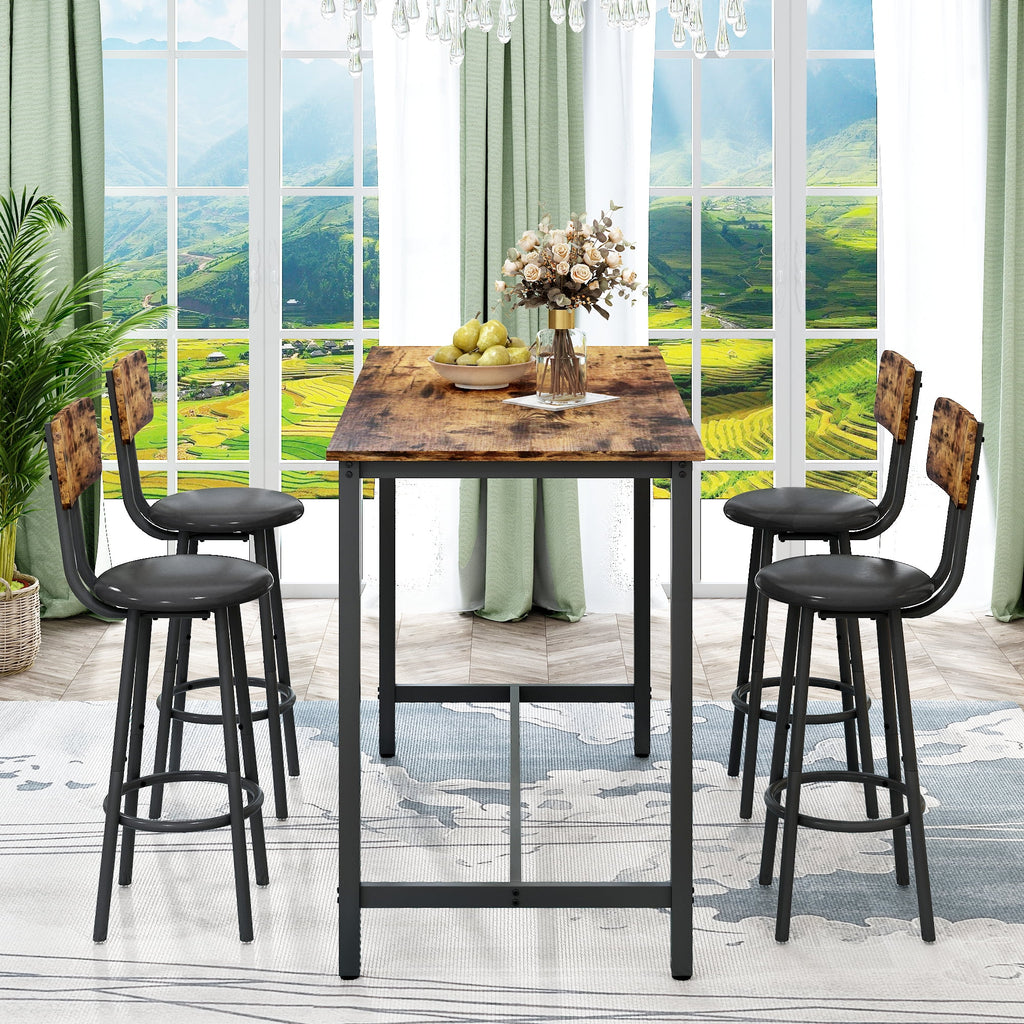 5 Piece Bar Table Set, Modern Counter Height Dining Set, Home Dining Table and Chairs Set for 4, Kitchen Breakfast Table Set with 4 Cushioned Stools, Bistro Pub Table Set, Rustic Brown