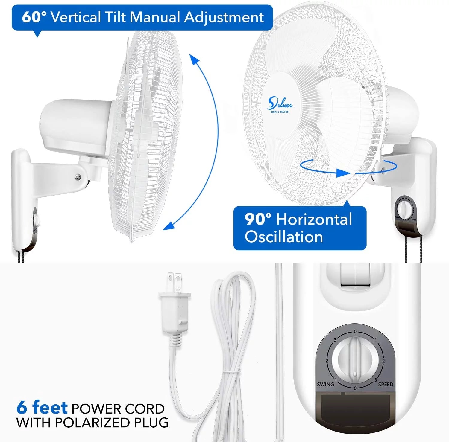Simple Deluxe 16'' Digital Household Wall Mount Cooling Fans, 90 Degree, 3 Speed Settings, 2 Pack, White
