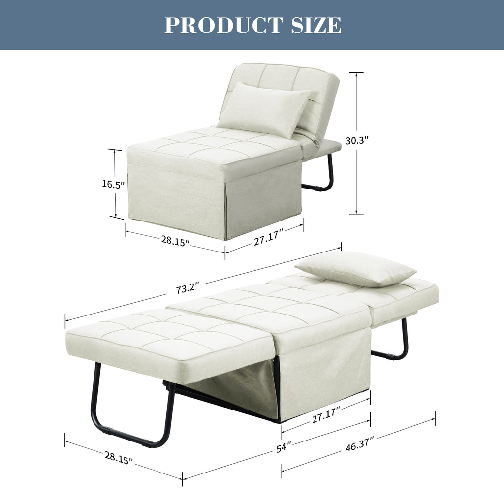 Ainfox Ottoman Chair Lounger Bed .4 in 1 Breathable Linen Convertible Single Sofa Couch, 73.23''L x 33.86''W(Dark Grey)(Beige)