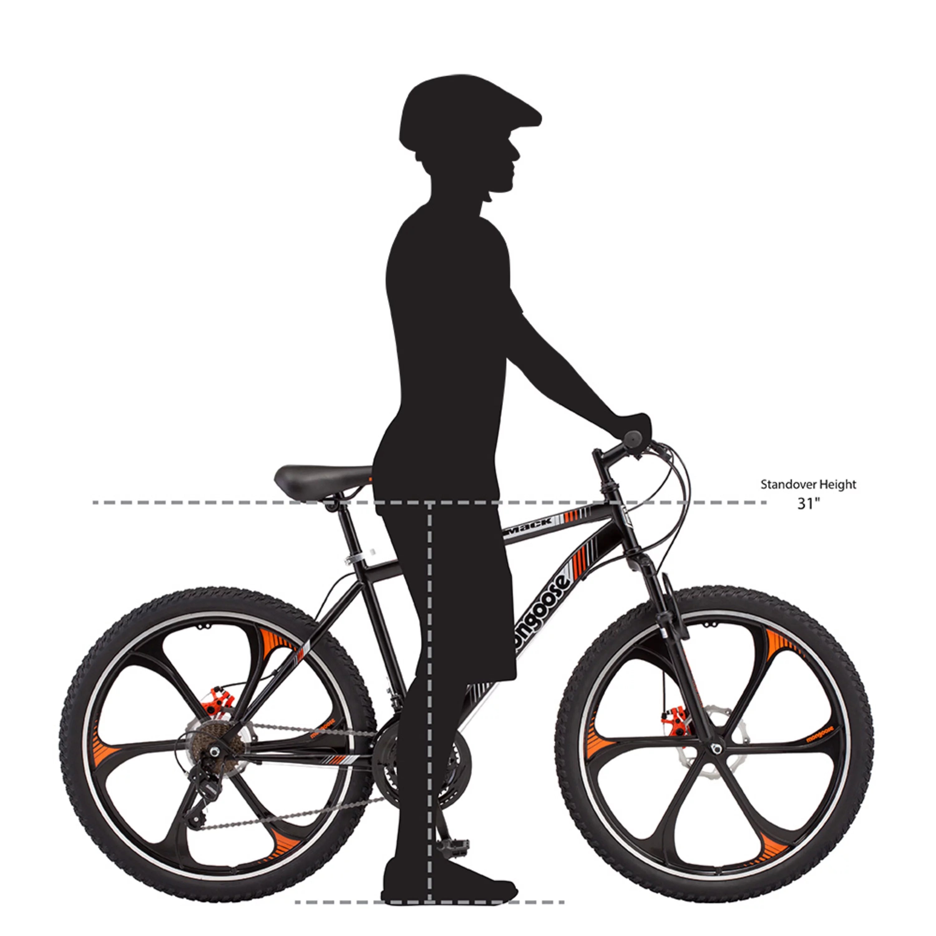 Mongoose Mack Mag Wheel Mountain Bike, 26" Wheels, 21 Speeds Shimano Revo Twist Shifters, Men's Frame, Orange & White On Black