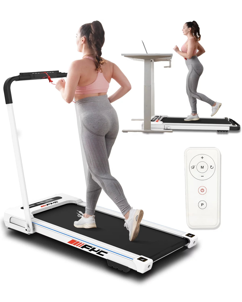 FYC 3.5HP Under Desk Treadmill - 300LBS Weight Capacity, 2-in-1 Foldable Design, Remote Control & LED Display - Compact Electric Walking and Running Machine for Walking, Running, Jogging (White)