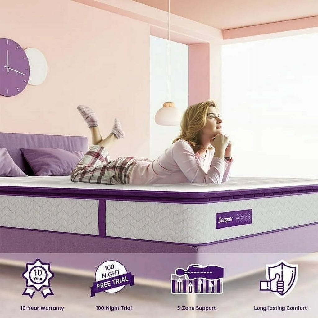 Full Size Mattress, Sersper 10 inch 5-Zone Pocket Pillow Top Double Mattress, Fiberglass-Free with CertiPUR-US Certified Memory Foam, Medium Firm Yet Supportive