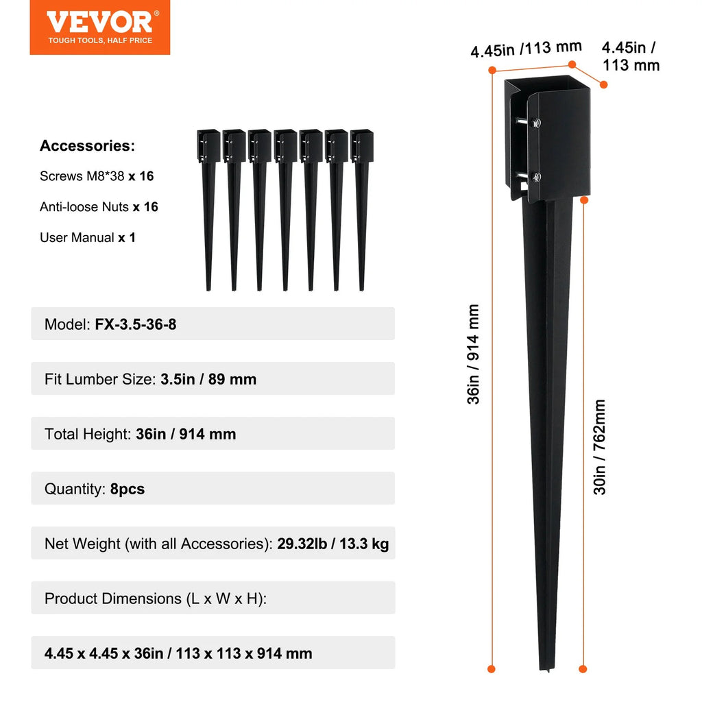 VEVOR Fence Post Anchor Ground Spike - 8 Pack, 36x4x4 Inches, Black Powder-Coated Metal, Fits 3.5x3.5 Inch Posts - Ideal for Mailbox, Deck, Garden Railing