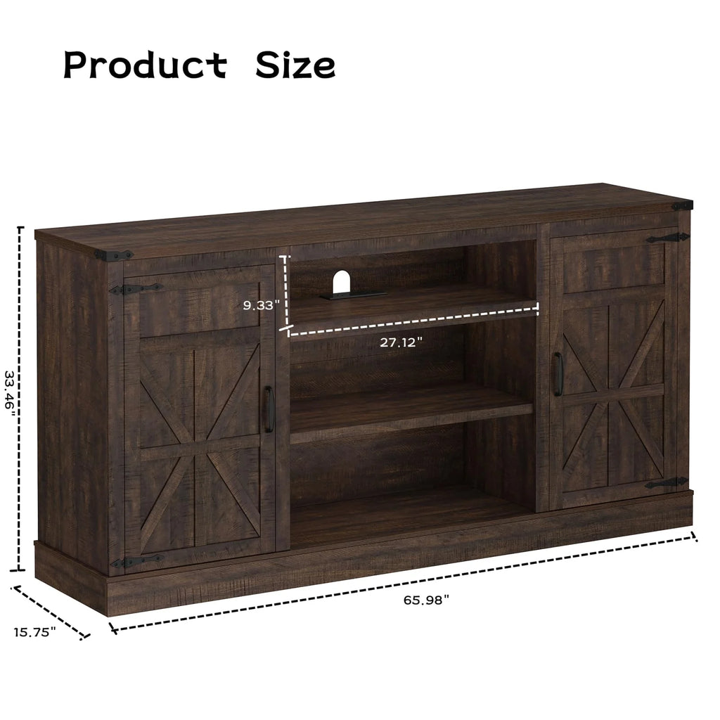 4 Layer Farmhouse Coffee Bar Cabinet With Power Outlet & LED Light, 57" Barn Door Buffet Cabinet Kitchen Storage With Adjustable Shelves(Brown)
