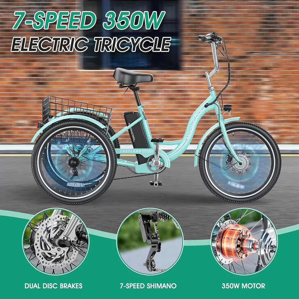 Mooncool 24" 26" 3 Wheel Electric Tricycle for Adults, 350W 36V 7 Speeds Motorized Electric Trike Three Wheel Electric Bikes Bicycle with Large Basket & Accessories for Women Men
