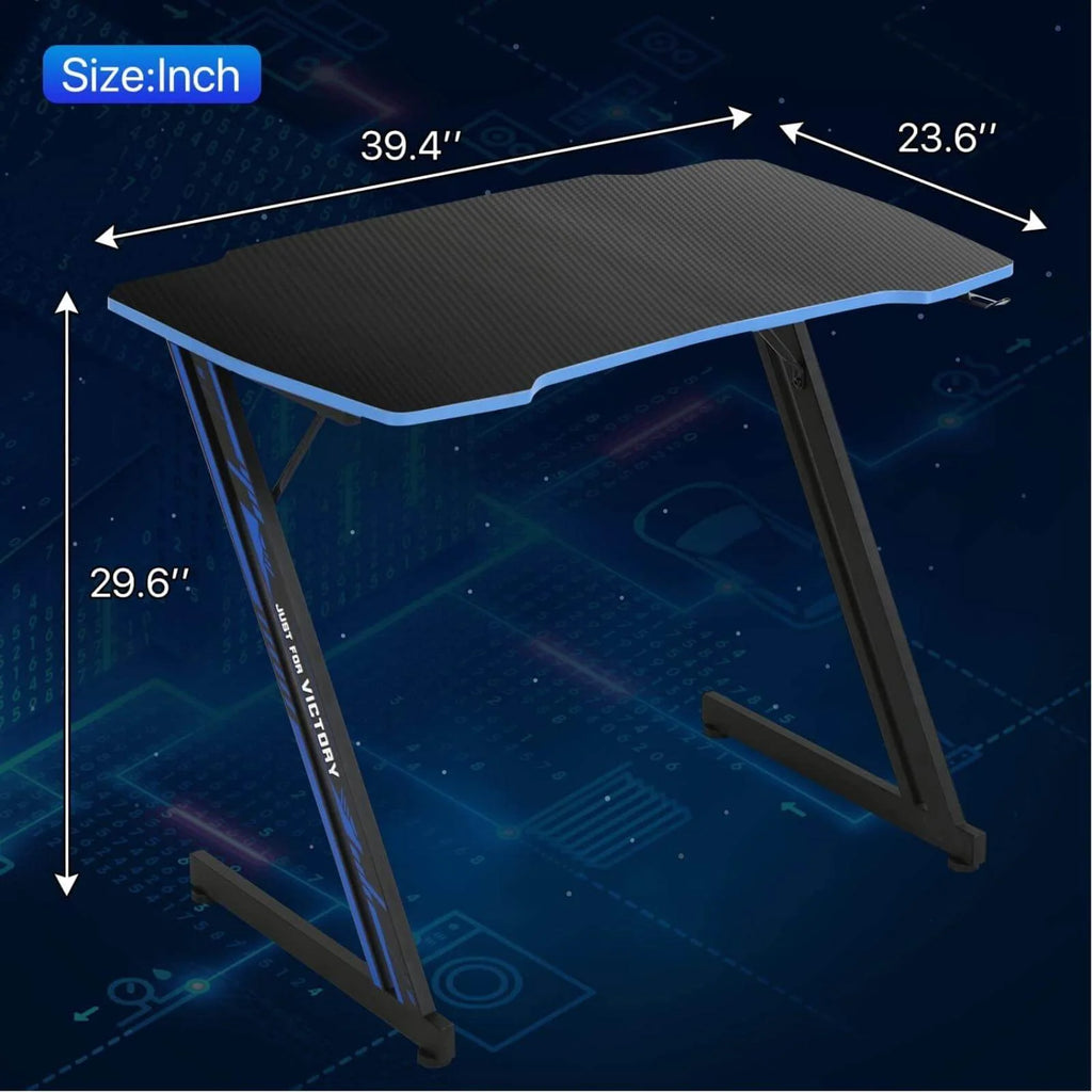 39.4 inch Gaming Desk Z-Shaped Computer Desk with Headphone Hook, Ergonomic Home Office Desks for Small Places PC Gamer Workstation, Blue
