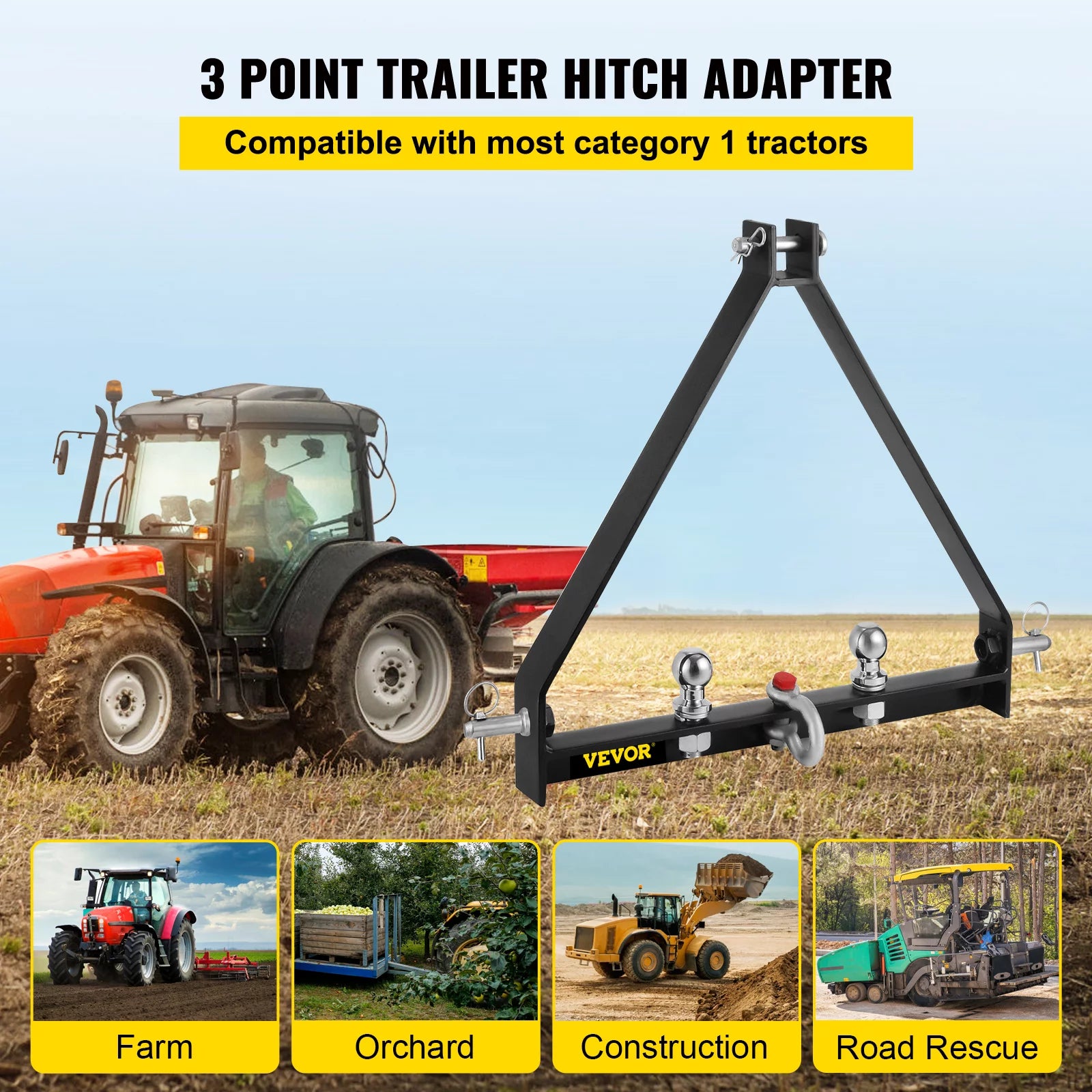 VEVOR 3 Point BX Trailer Hitch, 8000lbs Capacity Compact Tractor Drawbar, 25"Length Fits Category 1 Tractors Trailers
