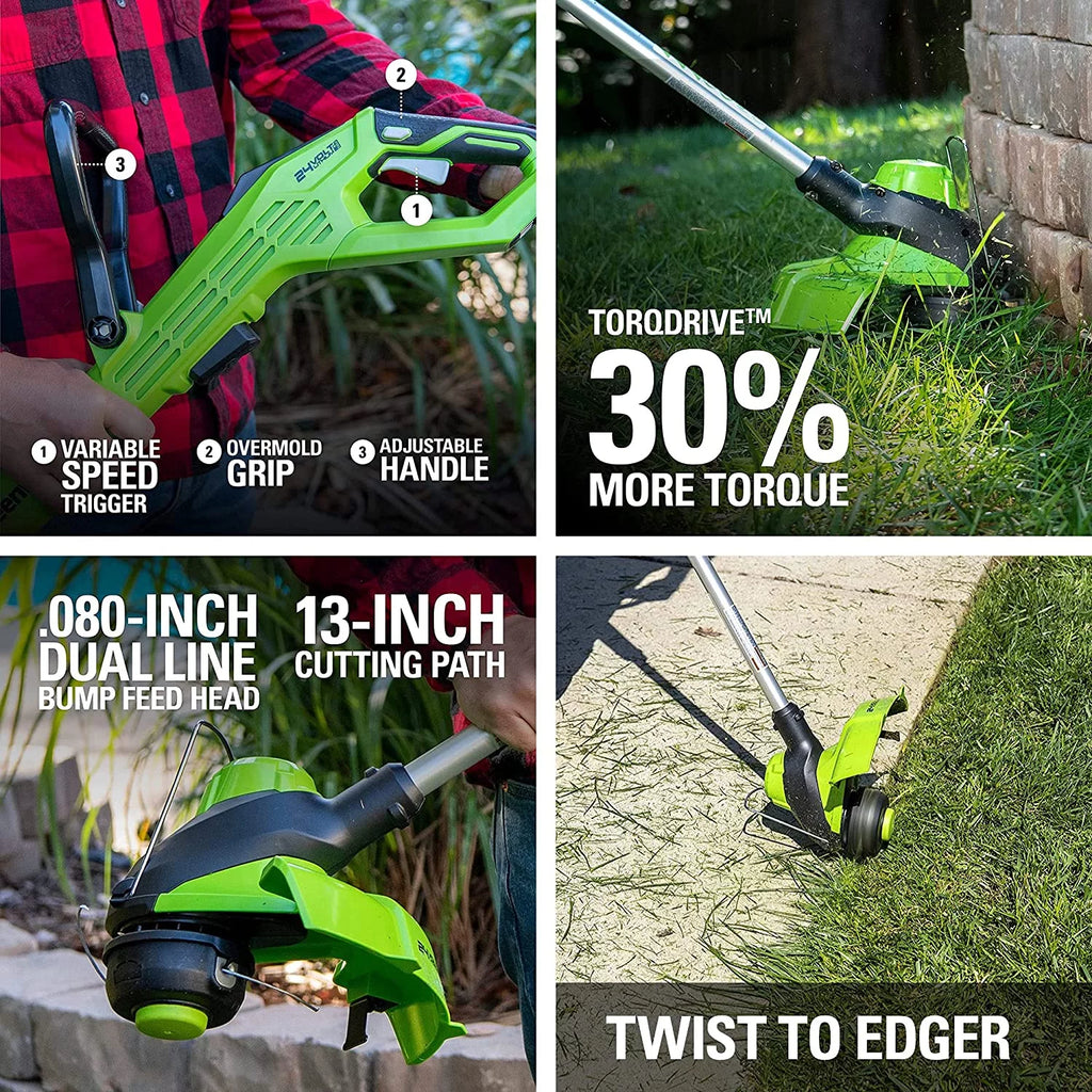 Greenworks 24V 13" Brushless Torqdrive™ String Trimmer with 4Ah USB Battery and Charger 2118202AZ