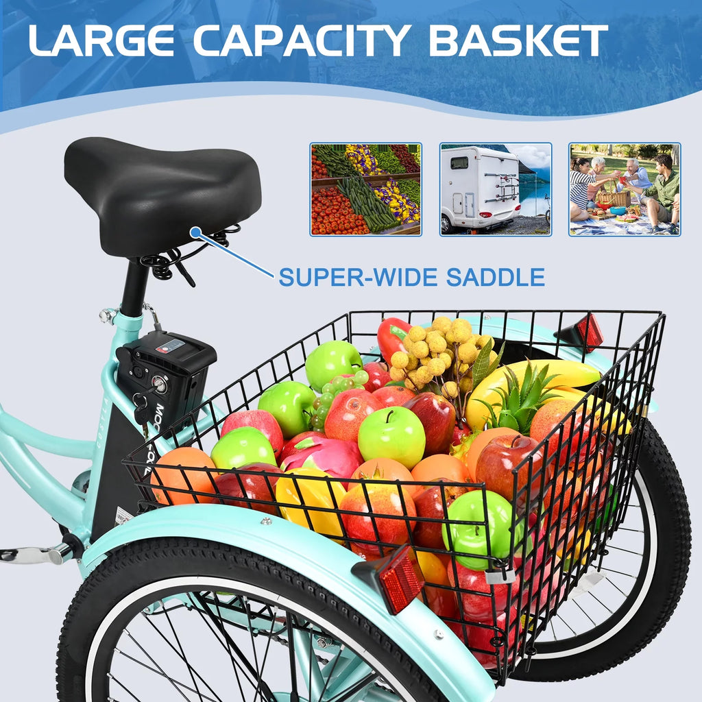 Mooncool 24" 26" 3 Wheel Electric Tricycle for Adults, 350W 36V 7 Speeds Motorized Electric Trike Three Wheel Electric Bikes Bicycle with Large Basket & Accessories for Women Men