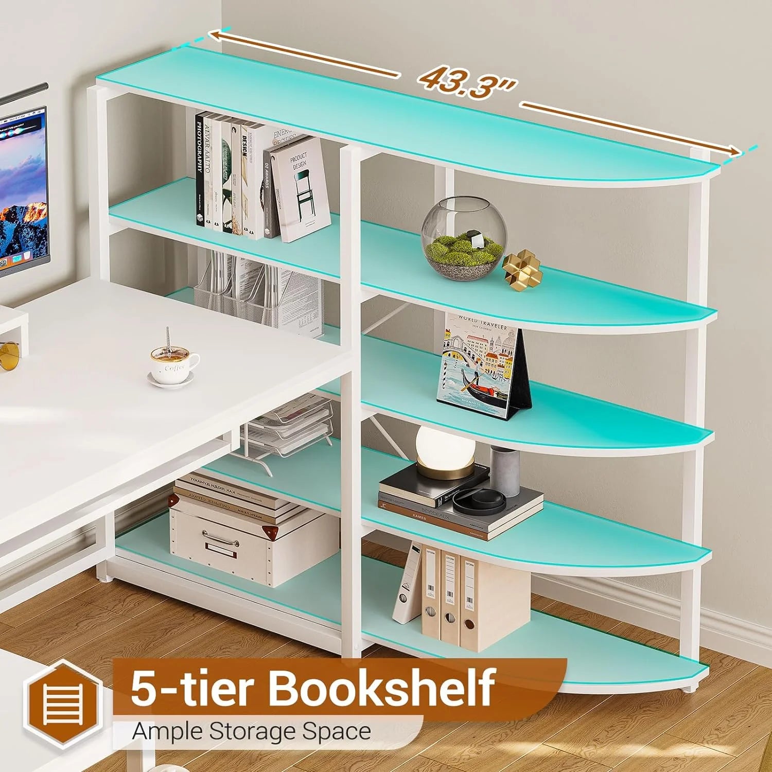 U-SHARE  L Shaped Computer Desk, 63'' Desk with Storage Shelves, Keyboard Tray, Monitor Stand and Headphone Hook, Corner Gaming Desk with LED Lights,