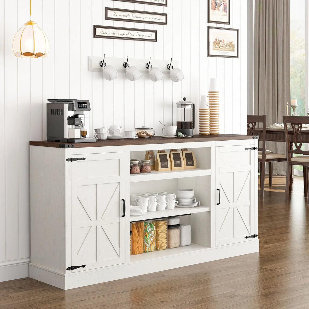 4 Layer Farmhouse Coffee Bar Cabinet With Power Outlet & LED Light, 57" Barn Door Buffet Cabinet Kitchen Storage With Adjustable Shelves(Brown)
