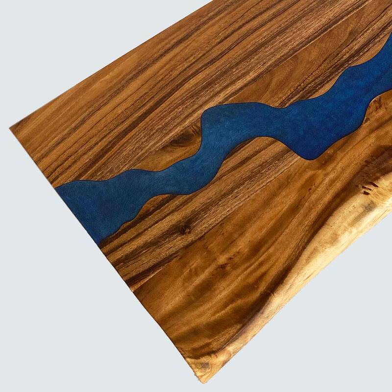 6 ft. L x 25 in. D UV Finished Saman Solid Wood Butcher Block Countertop With Live Edge and Blue Epoxy River