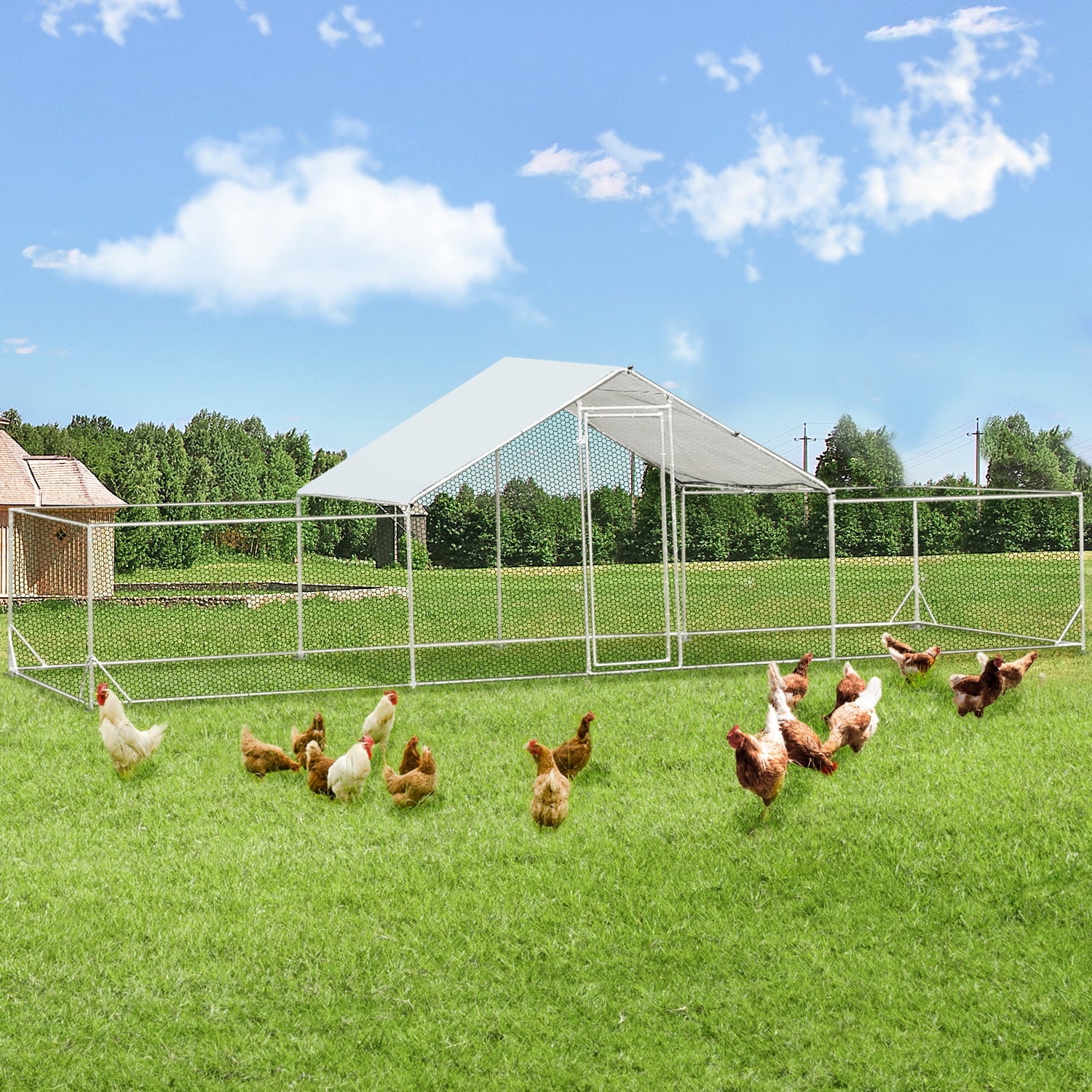 YODOLLA 148 Sq.Ft Chicken Coop Run Large Dome Walk-in Metal Chicken Cage with Chain Link Fence, Suitable for 10 More Chickens and Poultry Like Ducks, Rabbites, Dogs